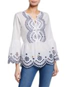 Scalloped Tie-neck Eyelet Embroidered Top