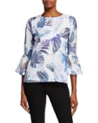 Burnout Leaf-printed Ruffle-sleeve Top