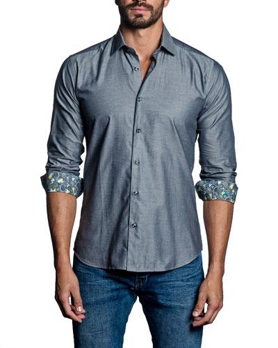 Sheen-finish Sport Shirt W/ Contrast Cuffs,