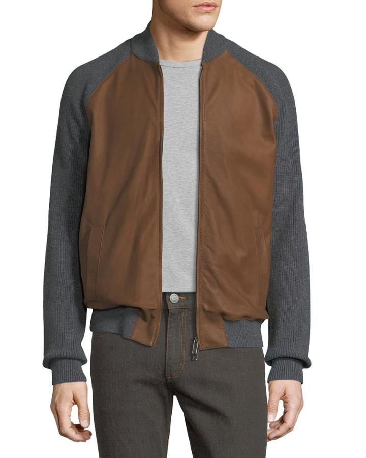 Cashmere & Lambskin Leather Zip-front Cardigan