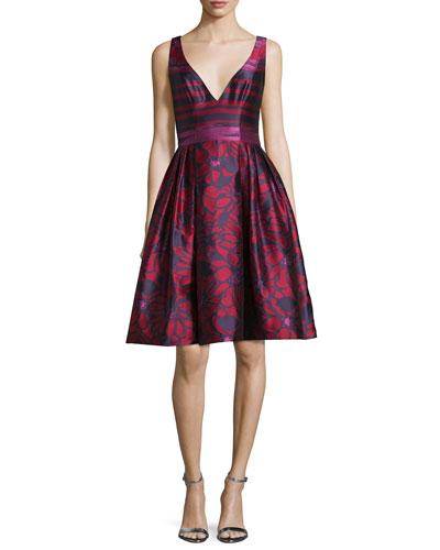 Deep V-neck Fit-and-flare Striped Dress, Cranberry