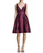 Deep V-neck Fit-and-flare Striped Dress, Cranberry