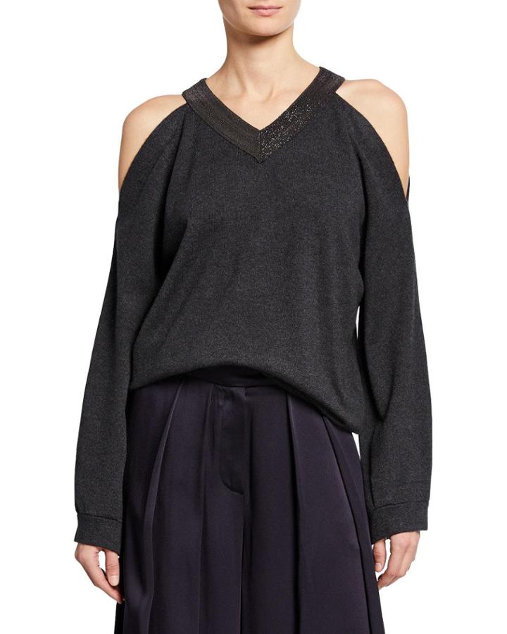 Monili-neck Cold-shoulder Long-sleeve Cashmere Top