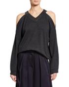 Monili-neck Cold-shoulder Long-sleeve Cashmere Top