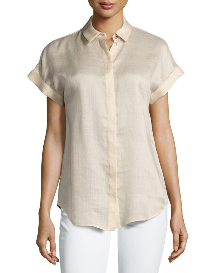 Gemma Short-sleeve Button-front Blouse, Gold