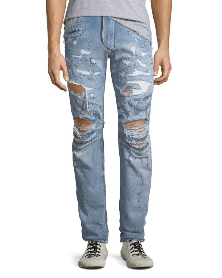 Men's Distressed Straight-leg Biker Jeans