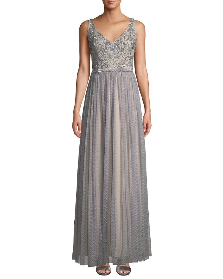 Textured Chiffon Gown With Beaded Bodice