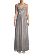 Textured Chiffon Gown With Beaded Bodice