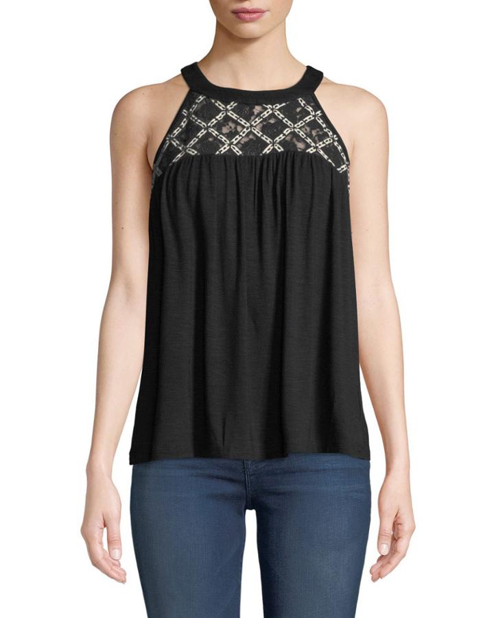 Embroidered Yoke Halter Tank