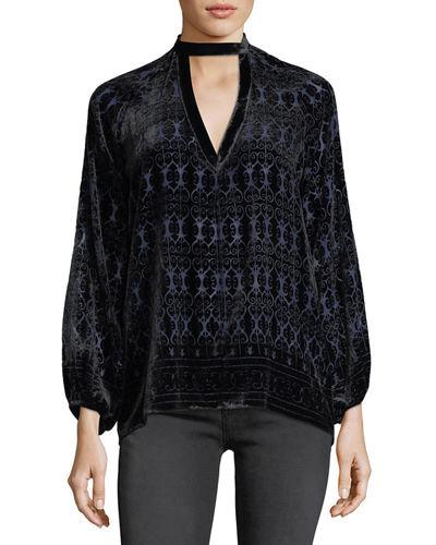 Long-sleeve Velvet Choker Blouse