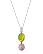 18k Peridot & Violet Pearl Necklace W/ Diamonds
