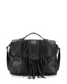 Michelle Leather Fringe Satchel Bag, Black