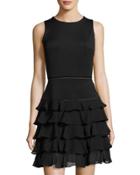 Layered Chiffon-skirt Lace-inset Dress, Black