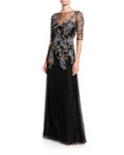 Metallic Floral Embroidered Elbow-sleeve Overlay Gown
