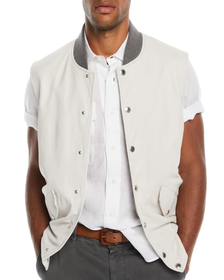Men's Leather Vest With Contrast-knit Collar