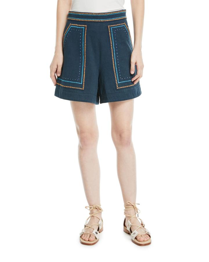 Jeweled Embroidery High-waist Cotton Twill