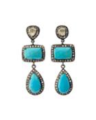Black Silver 2-drop Geo Earrings With Turquoise & Polki Diamonds