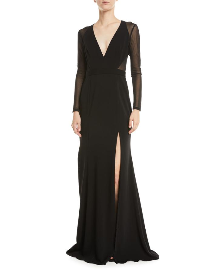 Long-sleeve Illusion Plunge Gown