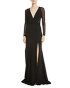 Long-sleeve Illusion Plunge Gown