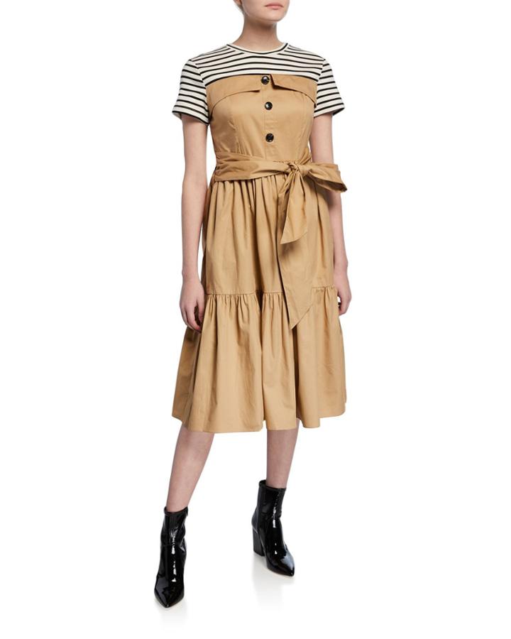 Striped Combo Midi Dress W/ Tie