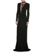 Deep-v Lace-up Long-sleeve Viscose Jersey Evening Gown