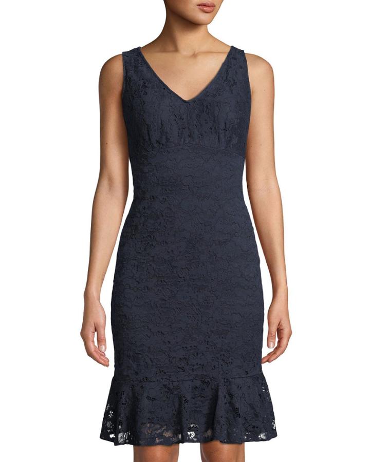Lace V-neck Flounce Dress, Navy