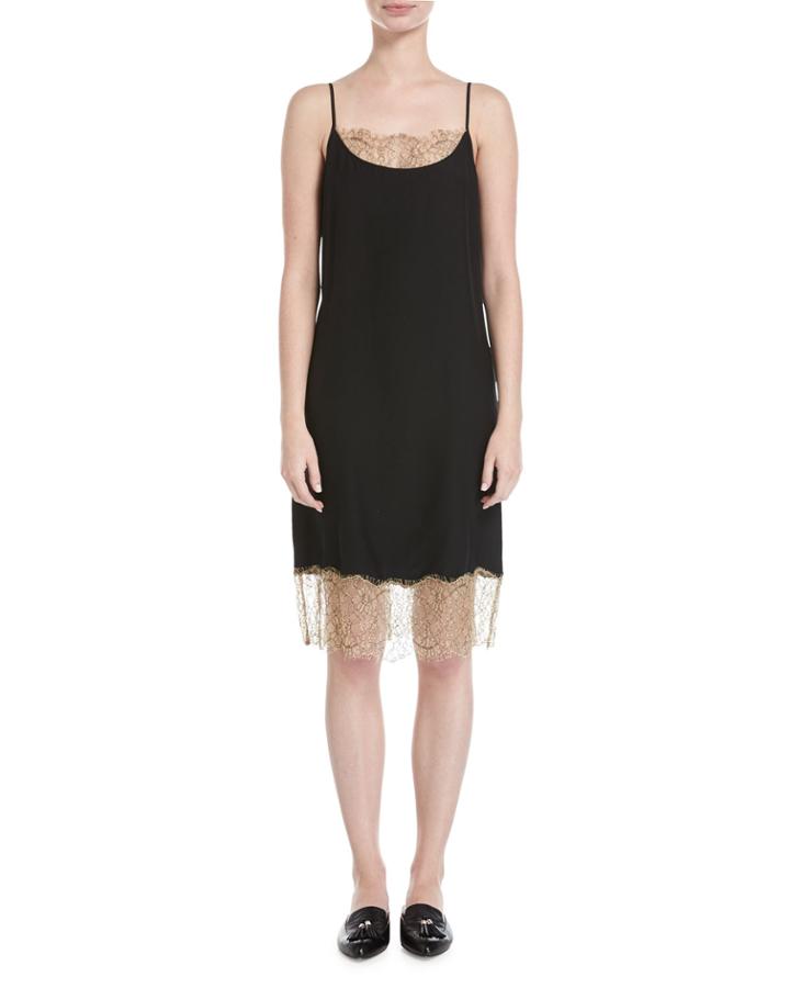 Slip Camisole Dress W/ Lace Detail, Black