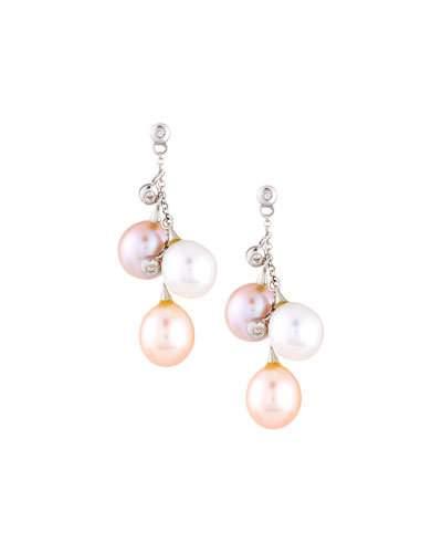 14k Multicolored Pearl & Diamond Dangle Earrings