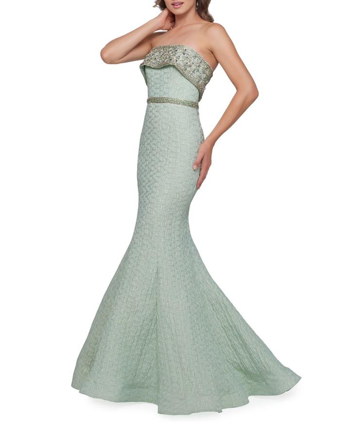 Beaded Overlay Strapless Embossed Trumpet Gown
