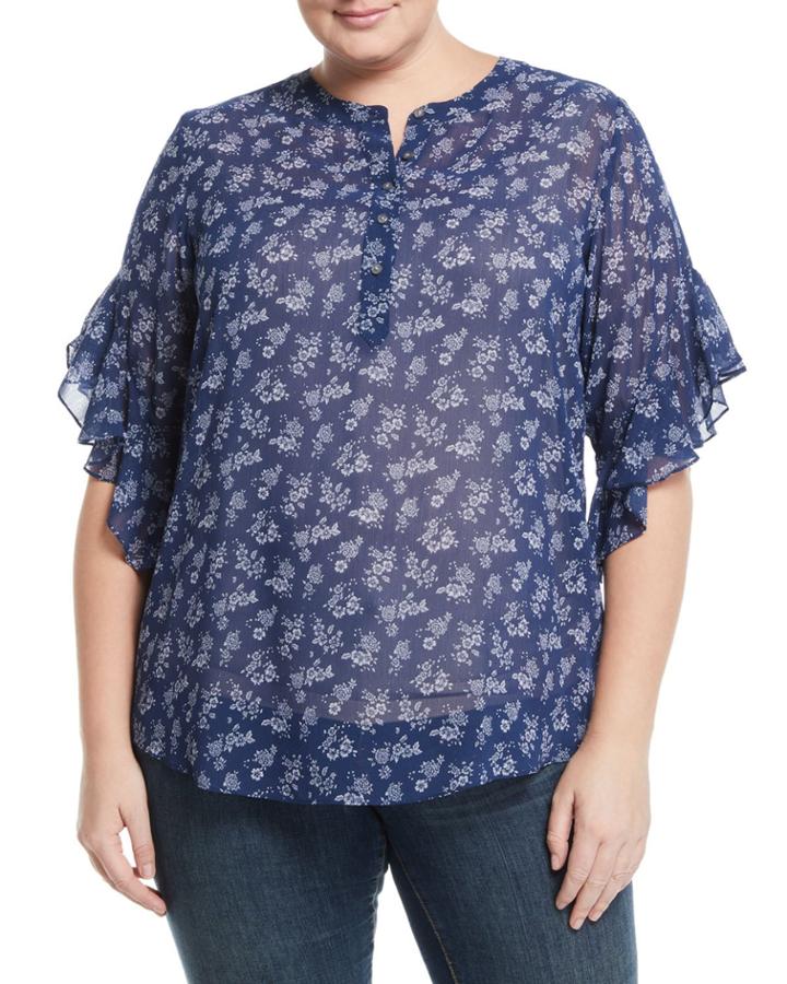 Flutter-sleeve Dainty Calico Chiffon Blouse,