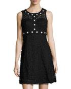 Daisy-trim Mesh-lace Sleeveless Dress, Black