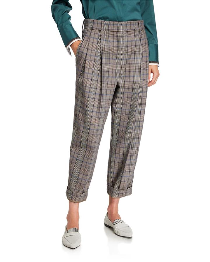 Plaid Pleated Crop Pants