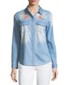 Distressed Embroidered Denim Blouse