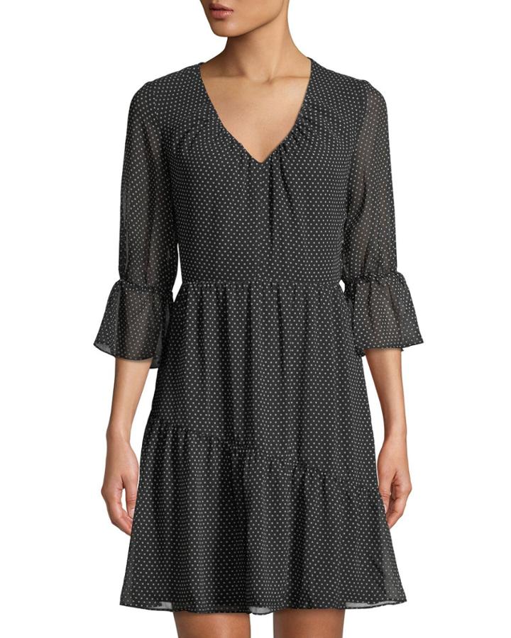 Flare-sleeve Polka-dot Trapeze Dress