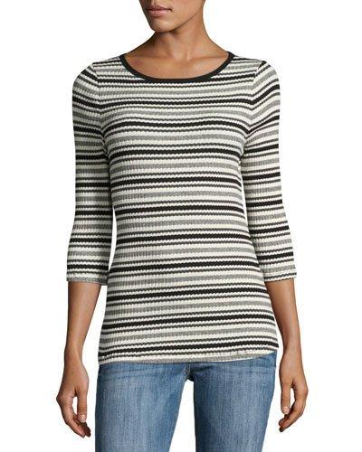 3/4-sleeve Striped Ribbed Tee, Black Pattern