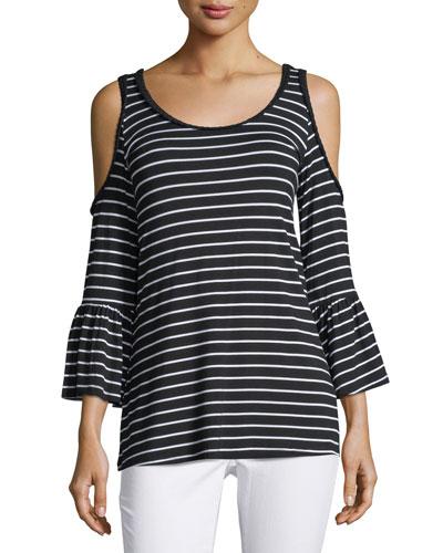 Braided-trim Striped Cold-shoulder Top