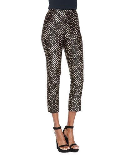 Floral-print Side-zip Pants, Black/suntan