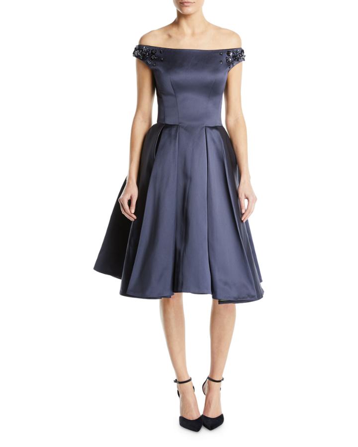 Off-the-shoulder Beaded-strap Fit-and-flare Cocktail Dress