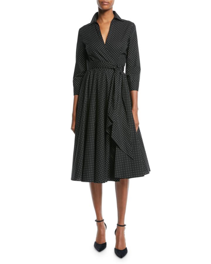3/4-sleeve Pindot Stretch-poplin Wrap Dress
