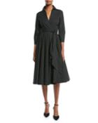 3/4-sleeve Pindot Stretch-poplin Wrap Dress