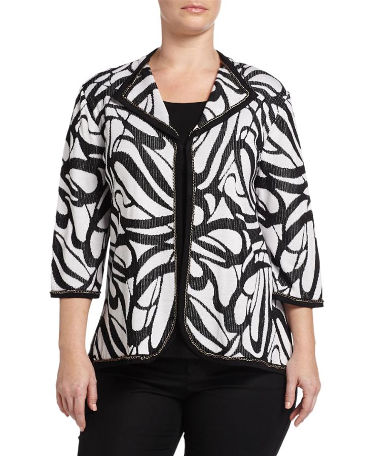 Ming Wang Plus Three-quarter-sleeve Swirl-print Knit Jacket, Black/white, Women's,
