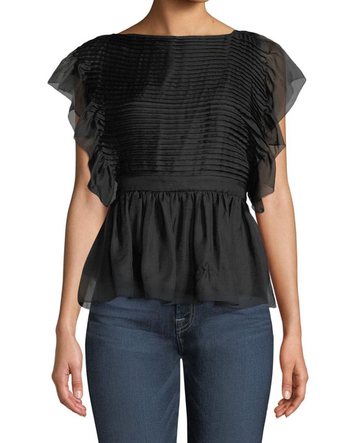 Ruffle-sleeve Chiffon Peplum Blouse