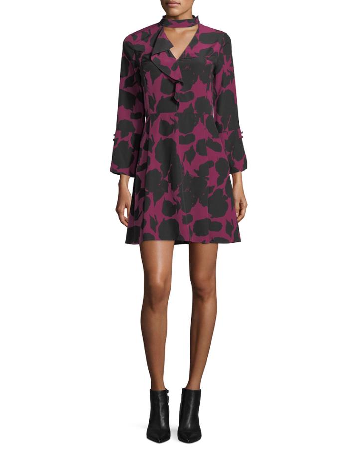 Choker A-line Printed Silk Dress W/ Bell