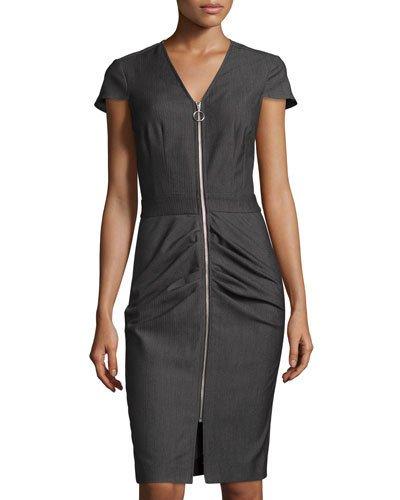 Zip-front Ruched Sheath Dress, Black