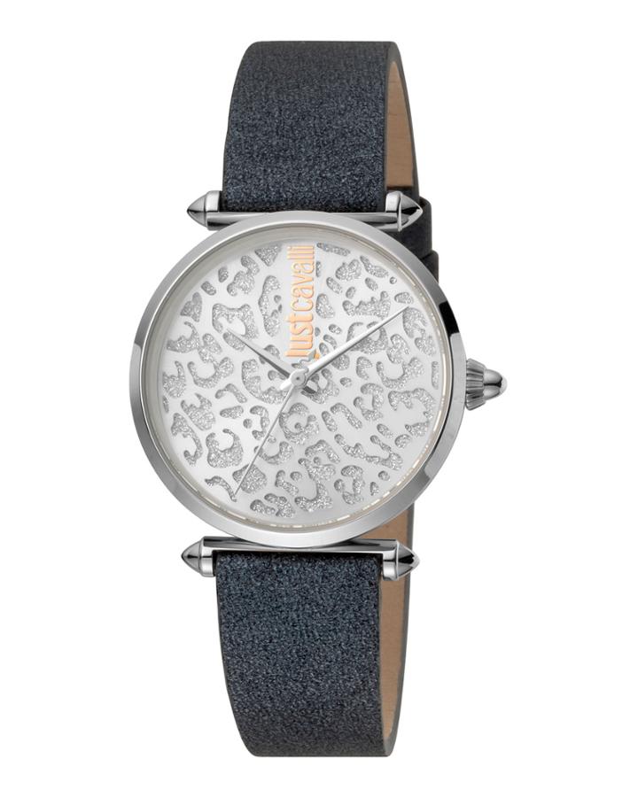 32mm Animal Glitter Watch W/ Leather Strap, Black/steel