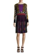 Pleated Intarsia-knit Long-sleeve Dress, Gold/purple
