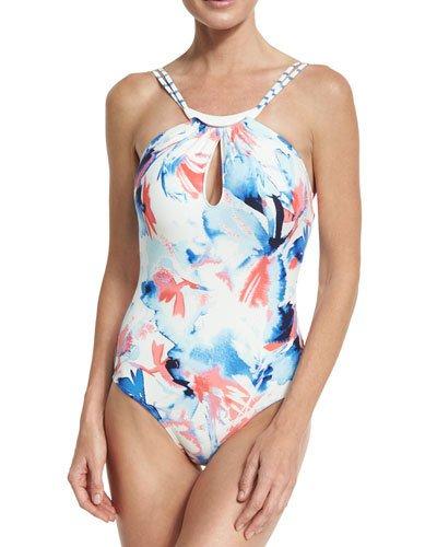 High-neck Maillot One-piece Swimsuit, White Pattern