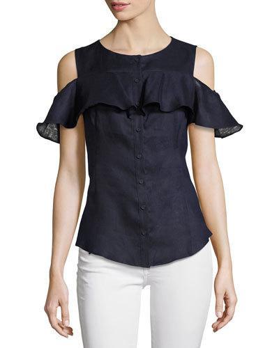 Ruffled Cold-shoulder Linen Top, Navy