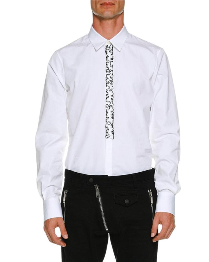 Poplin Slim Shirt W/ Ruffled Placket