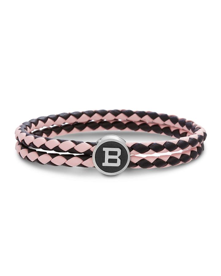 Men's Two-row Braided Leather Logo Plate Bracelet, Pink/wine